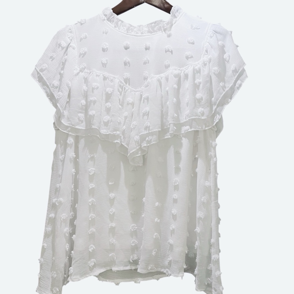ROOLEE White Swiss Dot Ruffle Blouse XXL | Short Sleeve Layered Boho Top